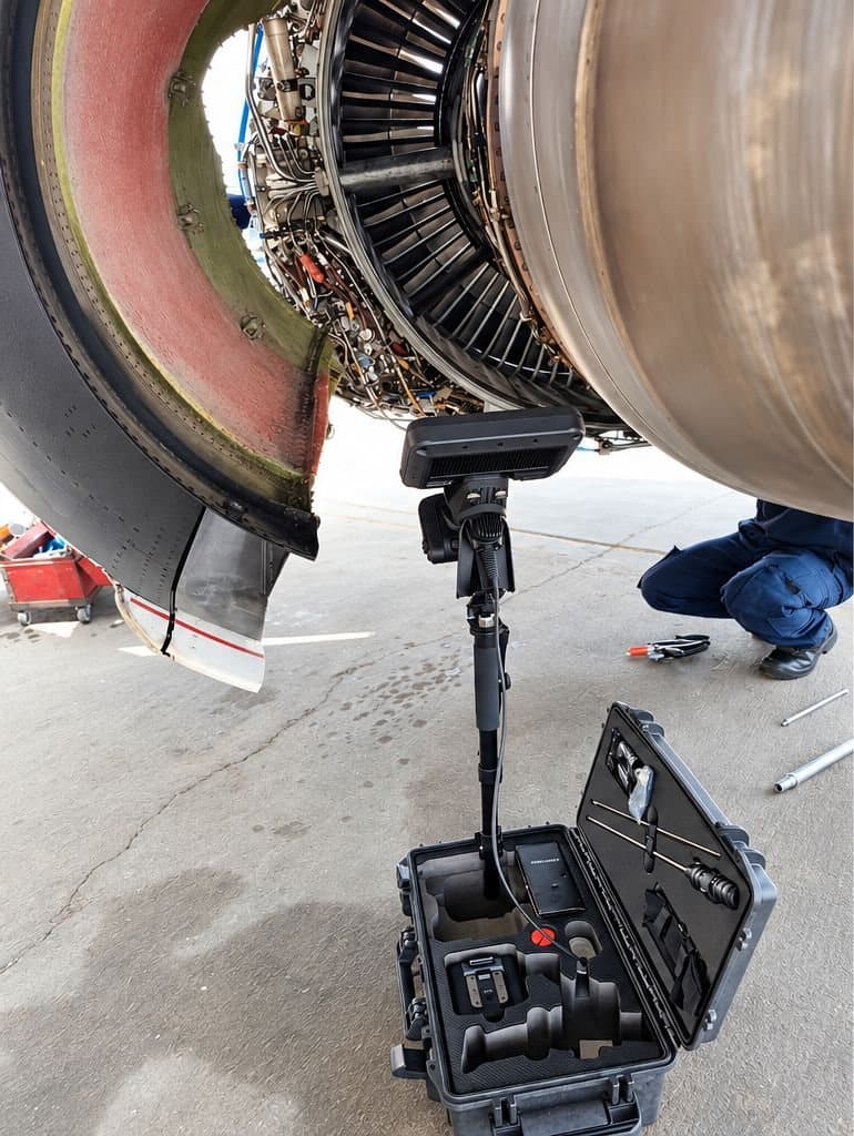 Mitcorp videoscope on its stand beside a CFM56 engine with the cowling open